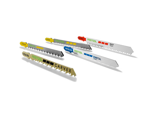 Festool Stichsägeblatt-Set STS-Sort/21 mit 21 Sägeblättern für Holz, Kunststoff und Metall in Farbcodierung.
