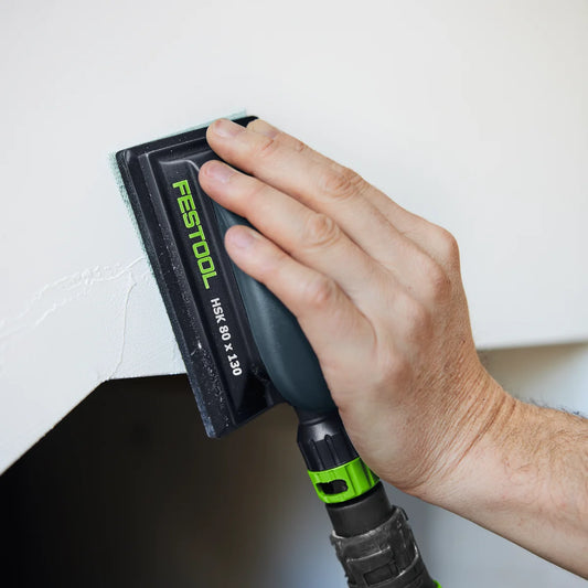 Festool HSK-A 80x130 Schleifklotz bei Handschliff-Anwendung auf Spachtelgips mit Absauganlage