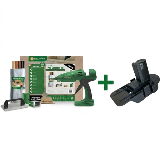 WoodRepair PRO Akku-Holzreparatur-Set mit grüner Elektropistole, Holzstiften, Zubehör und Akku-Adapter.