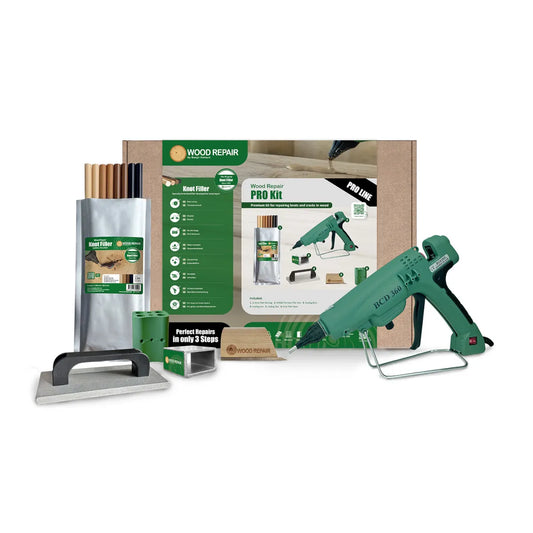 Wood Repair PROFI Satz im Karton - Übersicht Lieferumfang mit Astfüllerpistole BCD 360 und Zubehör